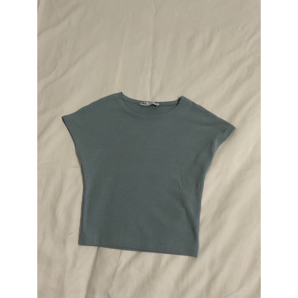 Zara Blue Green Cap Sleeve Baby Tee Stretch Cotton Modal Top Size M